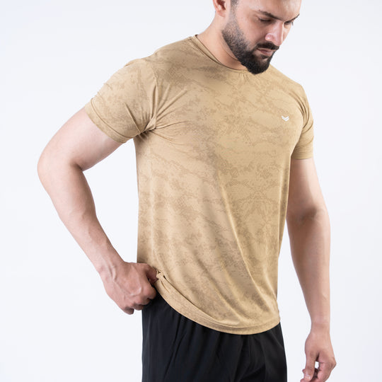 Beige Perforated 4-Way Stretch Texture Camo T-Shirt