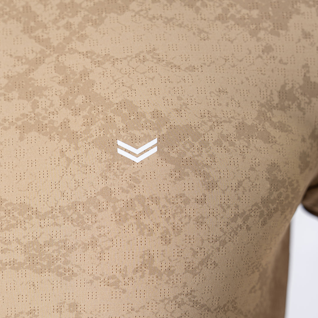 Beige Perforated 4-Way Stretch Texture Camo T-Shirt