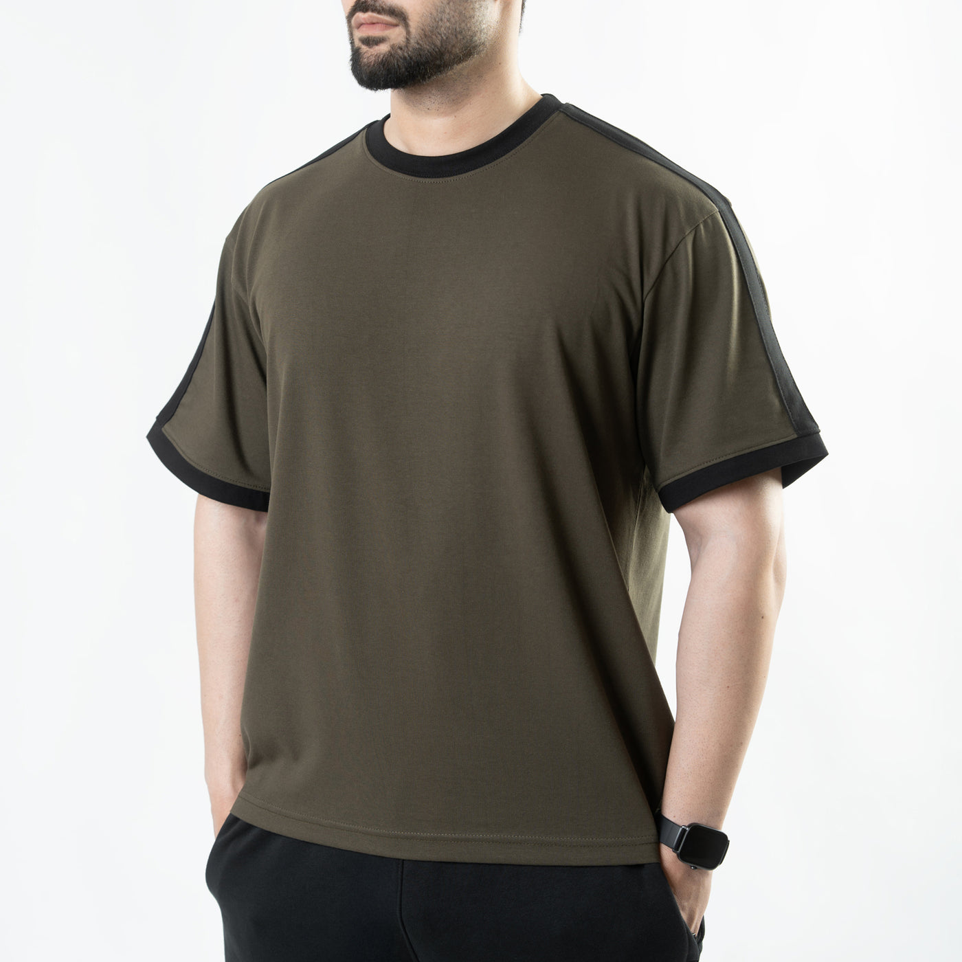 Olive Oversize Ringer T-Shirt with Black Panels