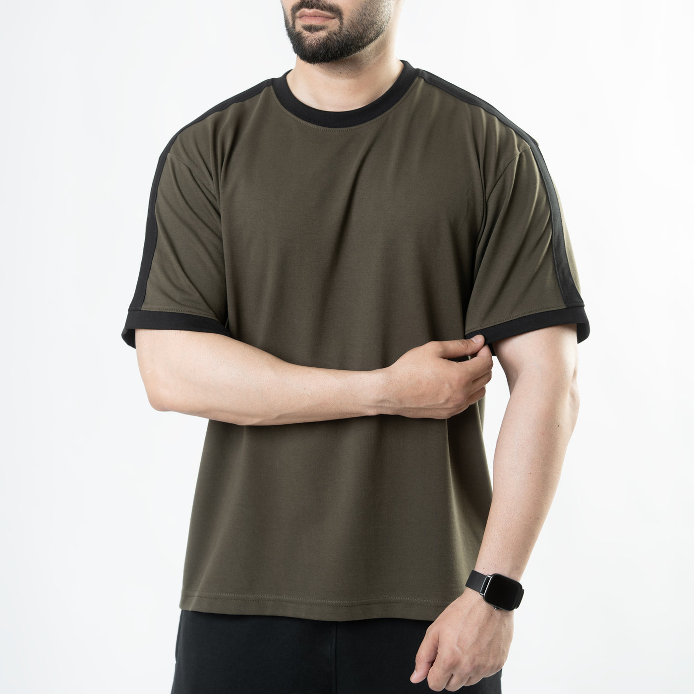 Olive Oversize Ringer T-Shirt with Black Panels