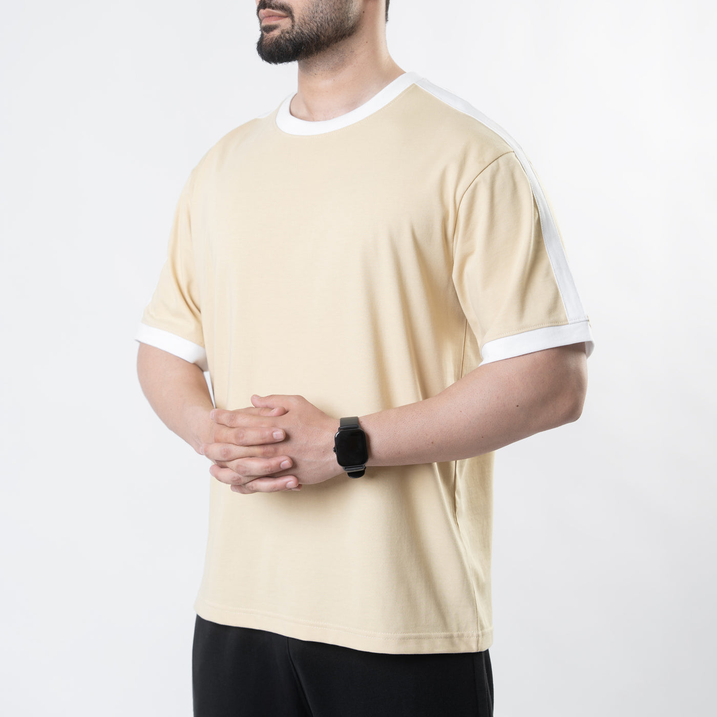 Beige Oversize Ringer T-Shirt with White Panels