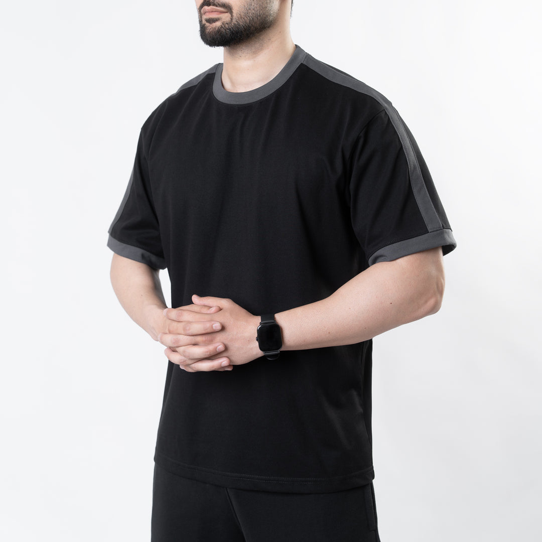 Black Oversize Ringer T-Shirt with Gray Panels