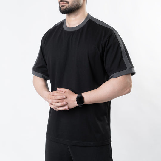 Black Oversize Ringer T-Shirt with Gray Panels