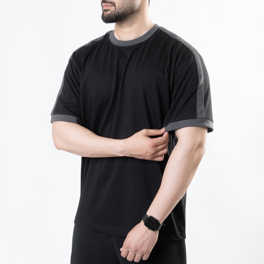 Black Oversize Ringer T-Shirt with Gray Panels