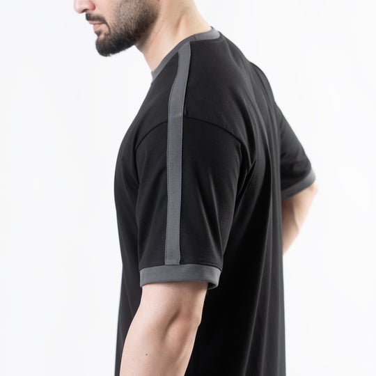 Black Oversize Ringer T-Shirt with Gray Panels