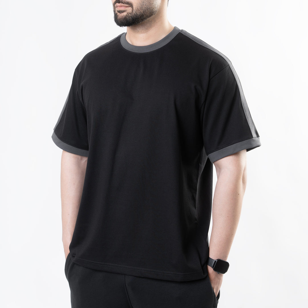 Black Oversize Ringer T-Shirt with Gray Panels