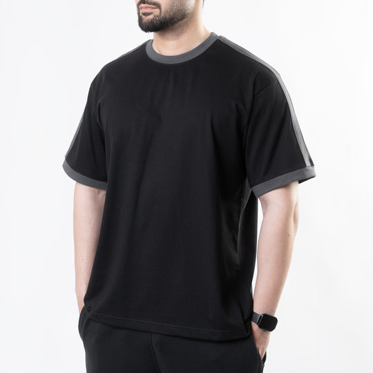 Black Oversize Ringer T-Shirt with Gray Panels