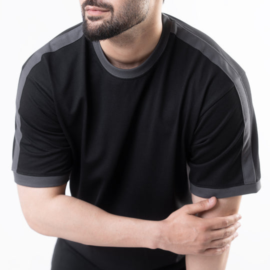 Black Oversize Ringer T-Shirt with Gray Panels