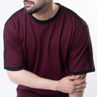 Maroon Oversize Ringer T-Shirt with Black Panels