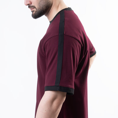 Maroon Oversize Ringer T-Shirt with Black Panels