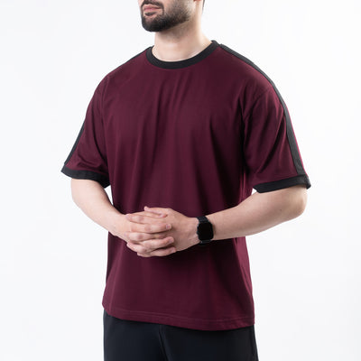 Maroon Oversize Ringer T-Shirt with Black Panels