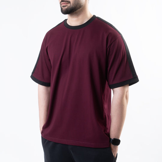 Maroon Oversize Ringer T-Shirt with Black Panels