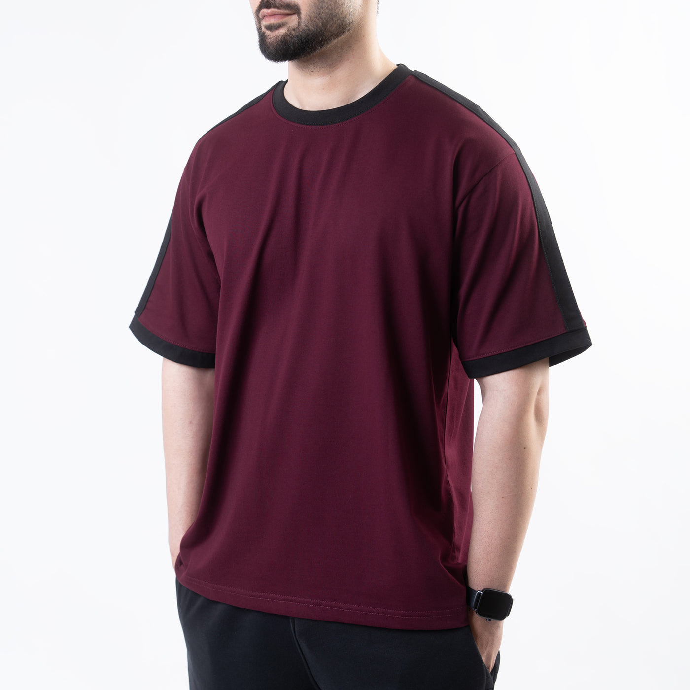 Maroon Oversize Ringer T-Shirt with Black Panels