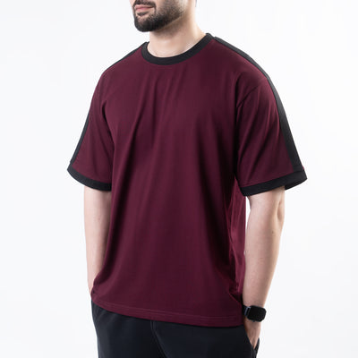 Maroon Oversize Ringer T-Shirt with Black Panels