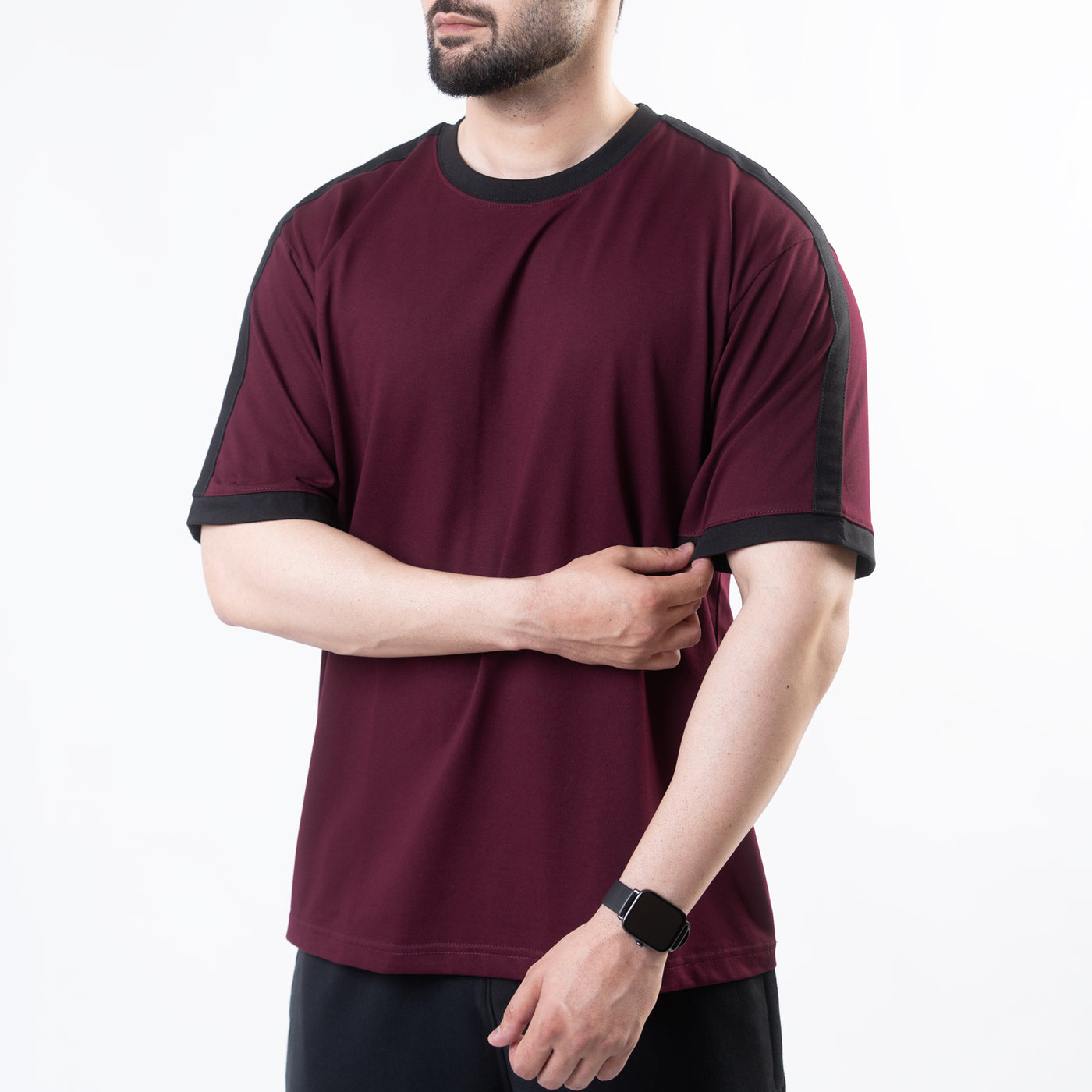 Maroon Oversize Ringer T-Shirt with Black Panels