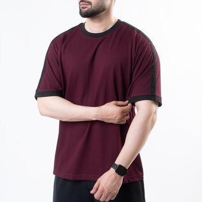 Maroon Oversize Ringer T-Shirt with Black Panels