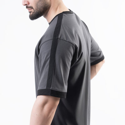 Gray Oversize Ringer T-Shirt with Black Panels