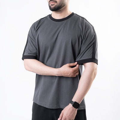 Gray Oversize Ringer T-Shirt with Black Panels