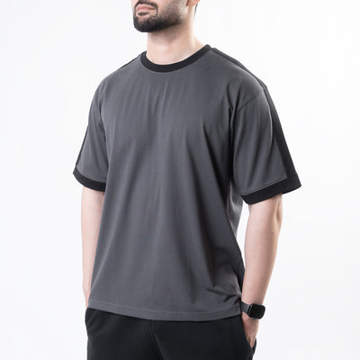 Gray Oversize Ringer T-Shirt with Black Panels
