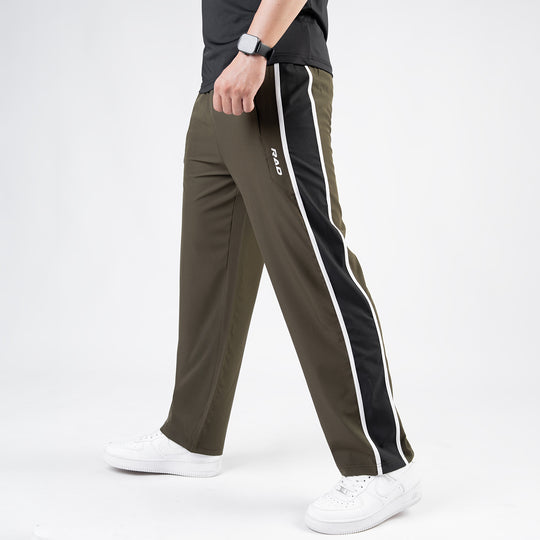 Olive Micro Loose Fit Trousers with Side Tapes & Black Panel