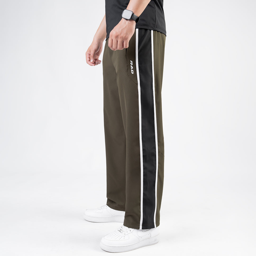 Olive Micro Loose Fit Trousers with Side Tapes & Black Panel