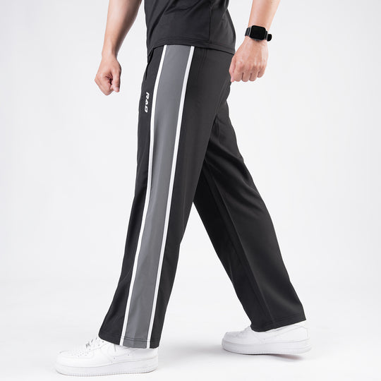 Black Micro Loose Fit Trousers with Side Tapes & Gray Panel