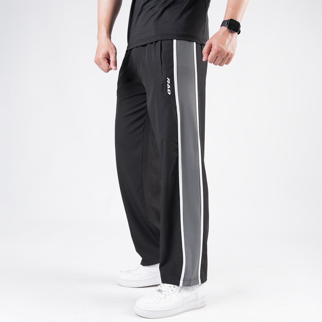 Black Micro Loose Fit Trousers with Side Tapes & Gray Panel