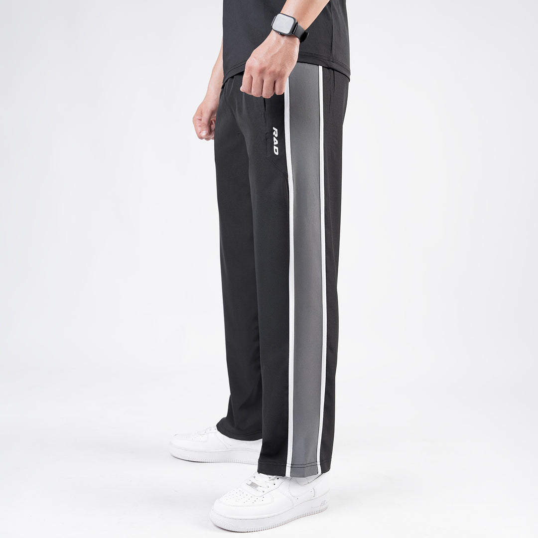Black Micro Loose Fit Trousers with Side Tapes & Gray Panel