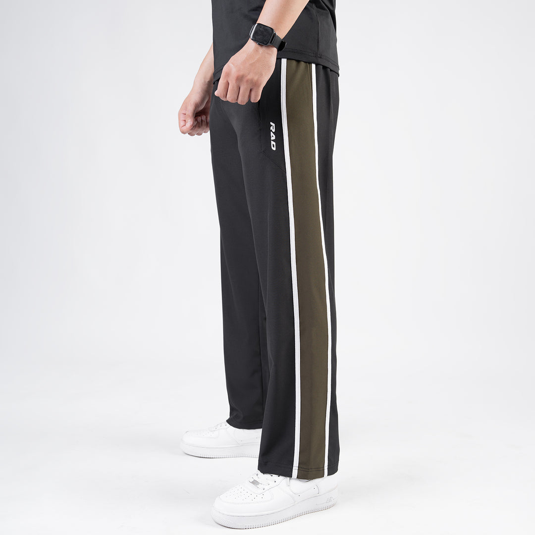 Black Micro Loose Fit Trousers with Side Tapes & Olive Panel