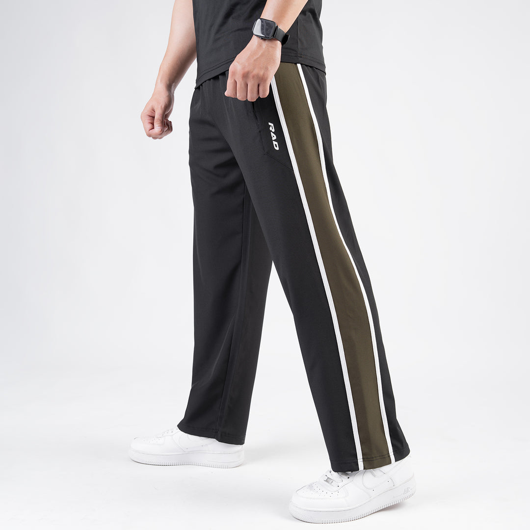 Black Micro Loose Fit Trousers with Side Tapes & Olive Panel