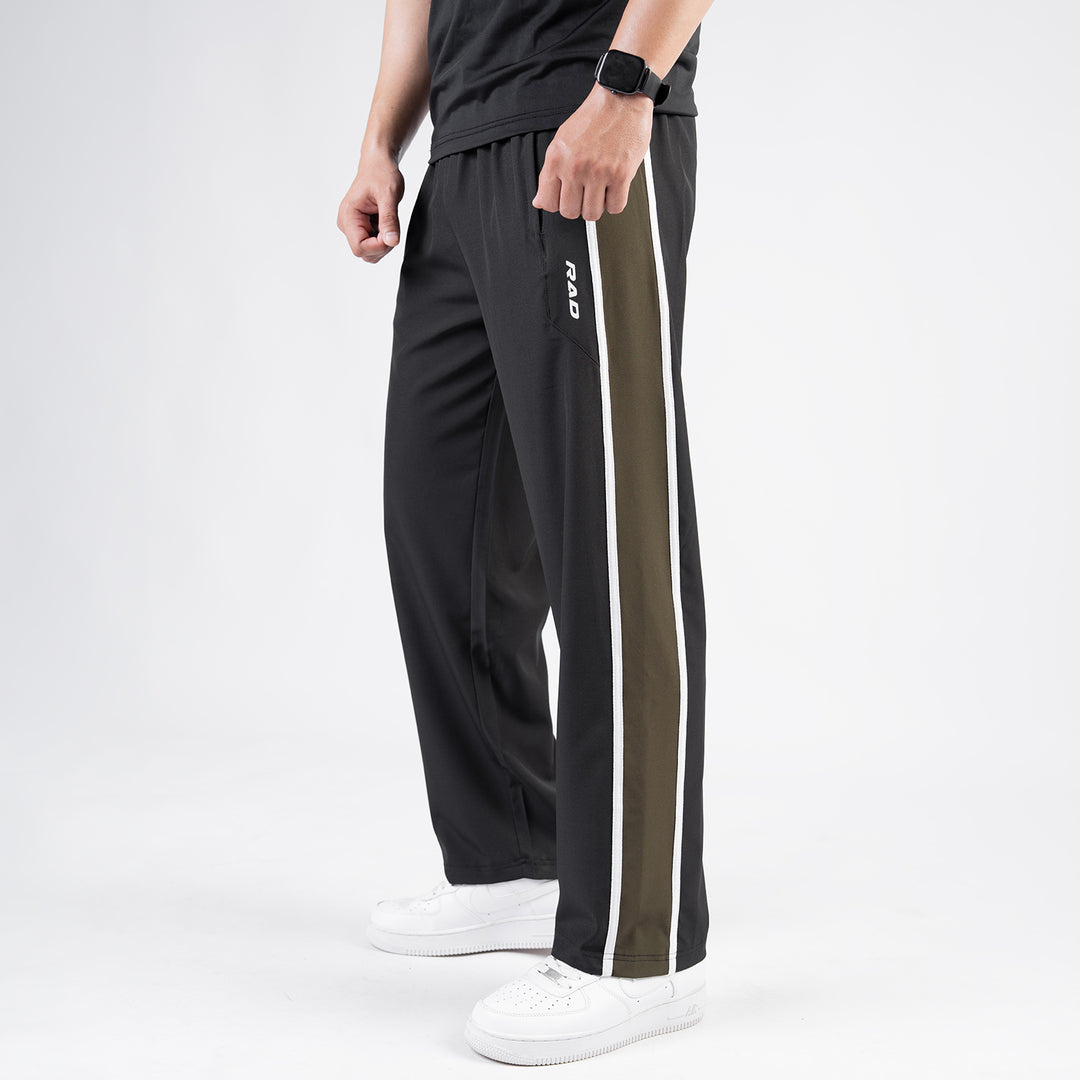 Black Micro Loose Fit Trousers with Side Tapes & Olive Panel