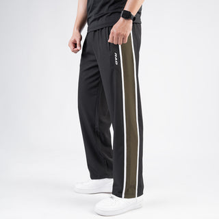 Black Micro Loose Fit Trousers with Side Tapes & Olive Panel