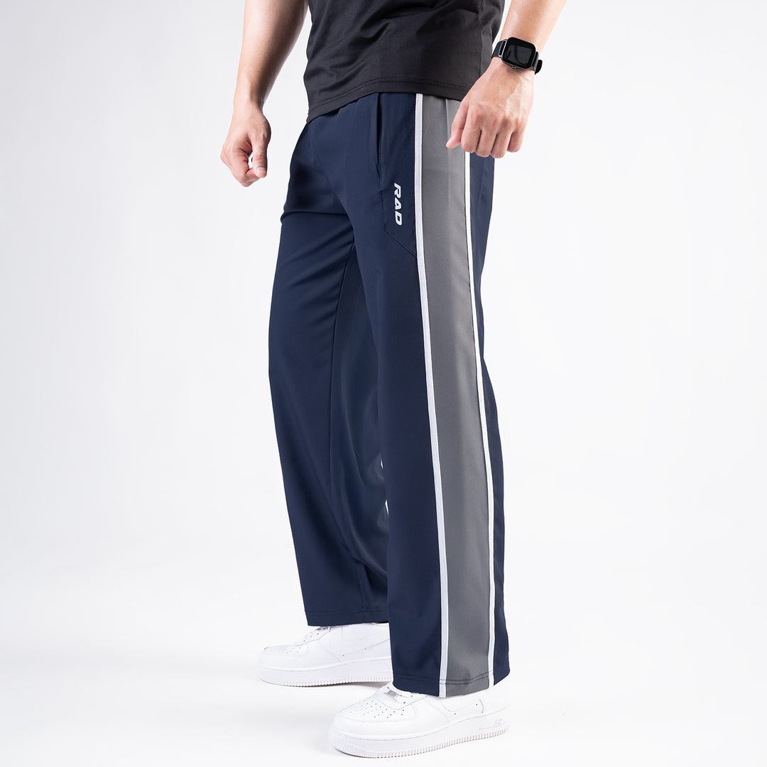 Navy Micro Loose Fit Trousers with Side Tapes & Gray Panel