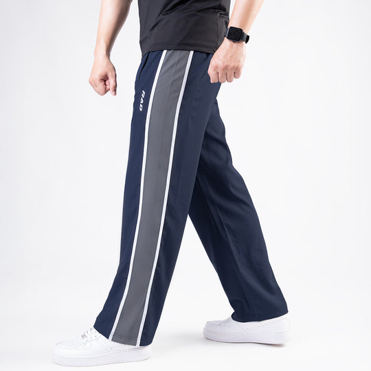 Navy Micro Loose Fit Trousers with Side Tapes & Gray Panel