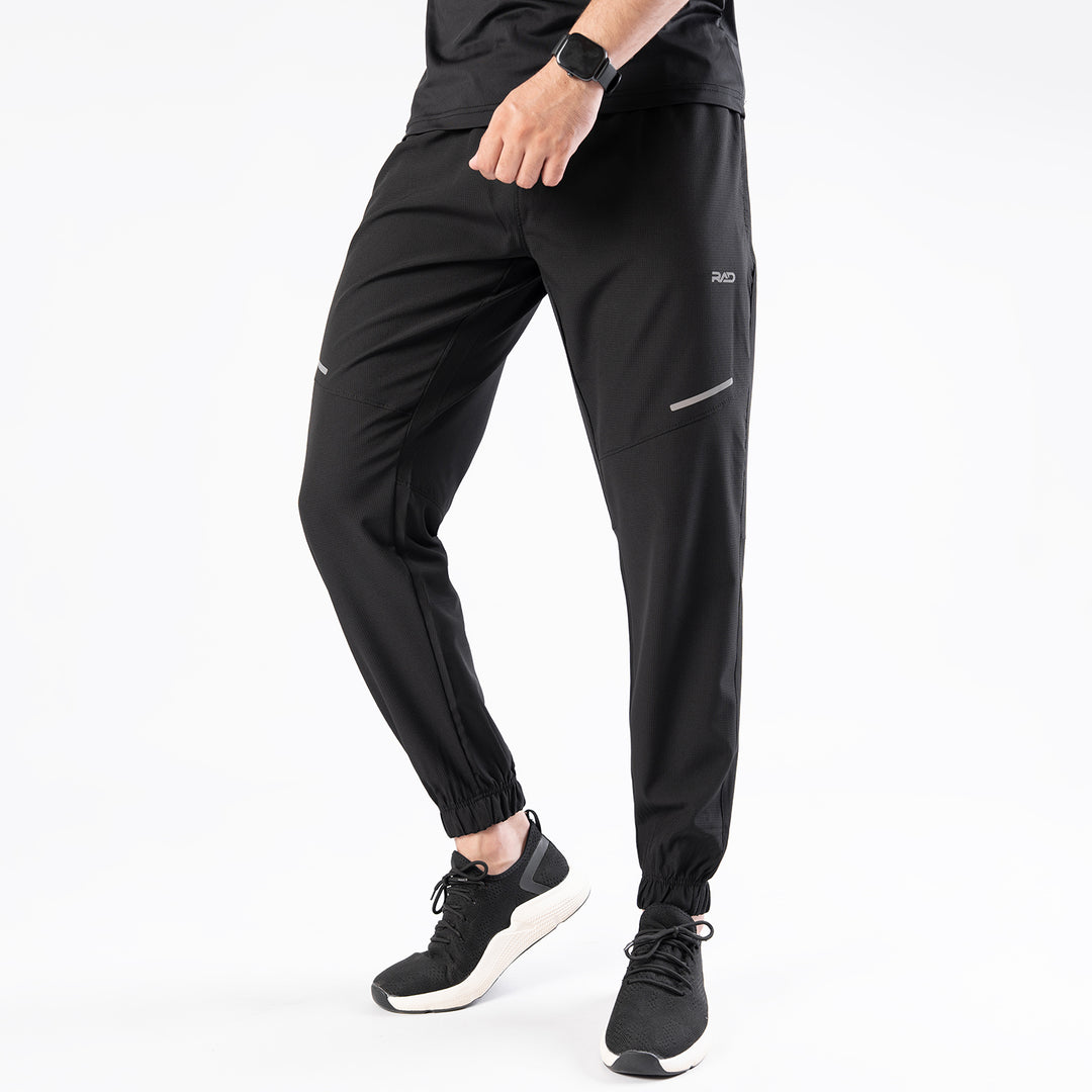 Black Textured Micro Stretch Pants with Reflectors