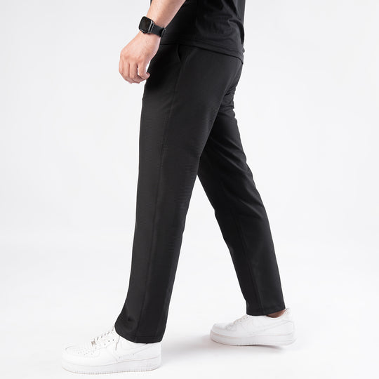 Black Woven Lycra Self Textured Straight Pants