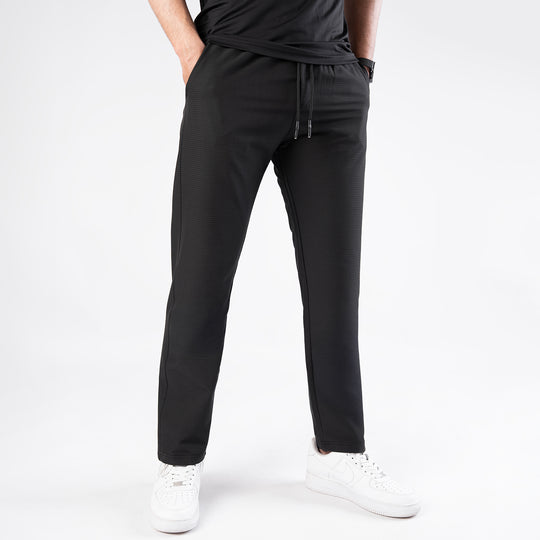 Black Woven Lycra Self Textured Straight Pants