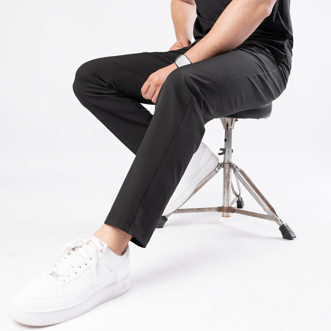 Black Woven Lycra Self Textured Straight Pants