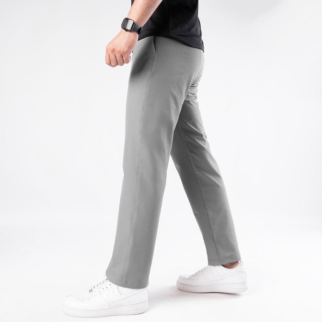 Gray Woven Lycra Self Textured Straight Pants
