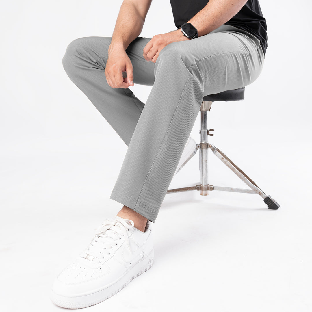 Gray Woven Lycra Self Textured Straight Pants