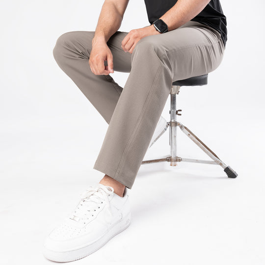 Khaki Woven Lycra Self Textured Straight Pants