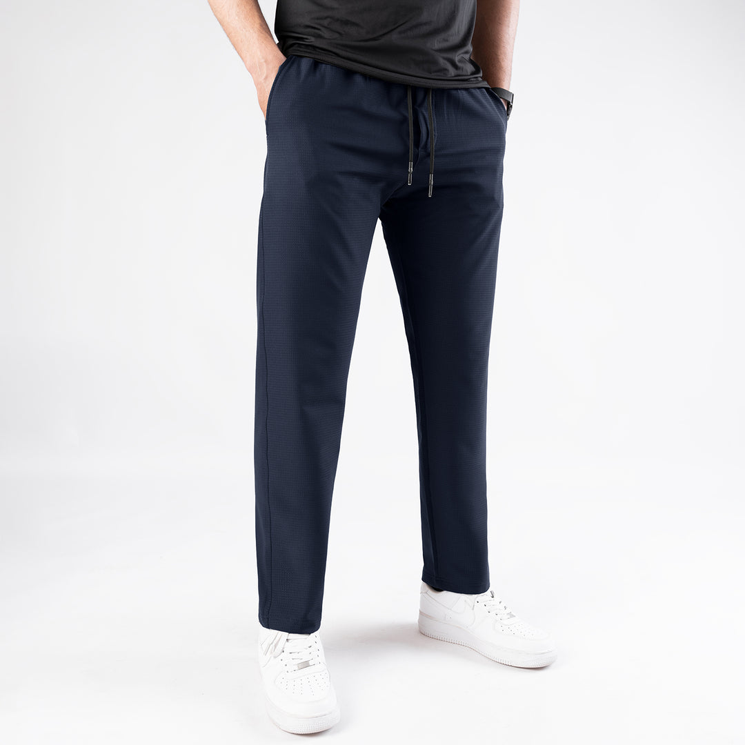 Dark Navy Woven Lycra Self Textured Straight Pants
