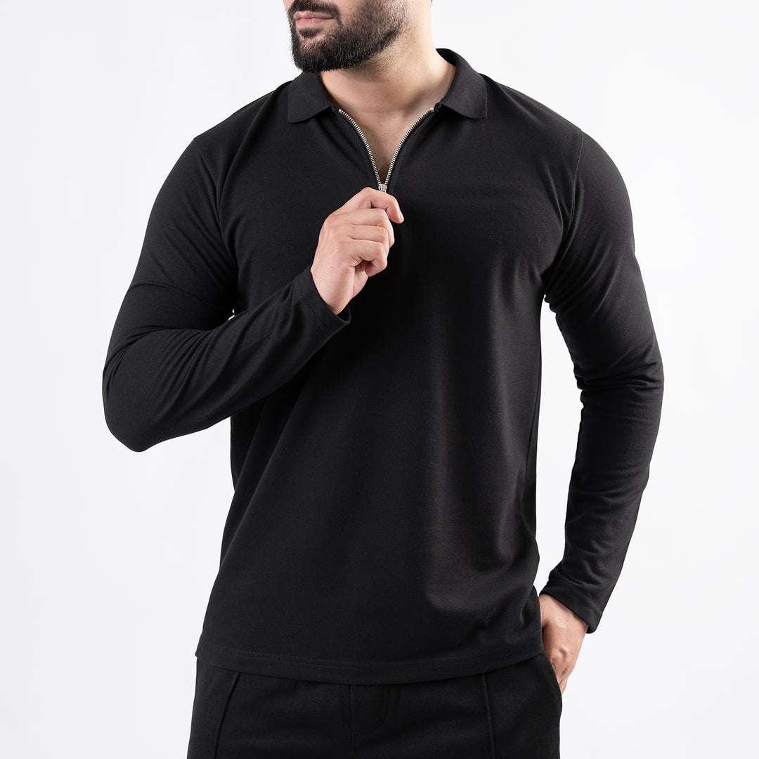 Black Full Sleeves Polo with Metal Zipper