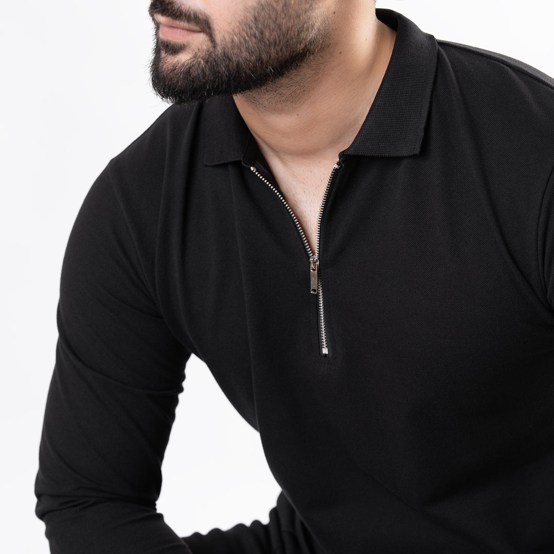 Black Full Sleeves Polo with Metal Zipper