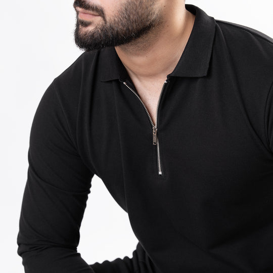 Black Full Sleeves Polo with Metal Zipper