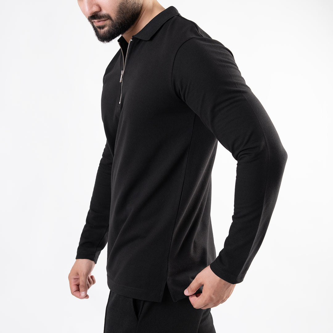 Black Full Sleeves Polo with Metal Zipper