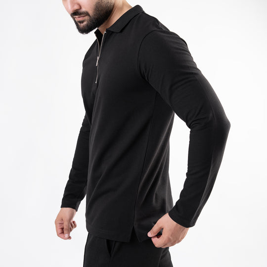 Black Full Sleeves Polo with Metal Zipper