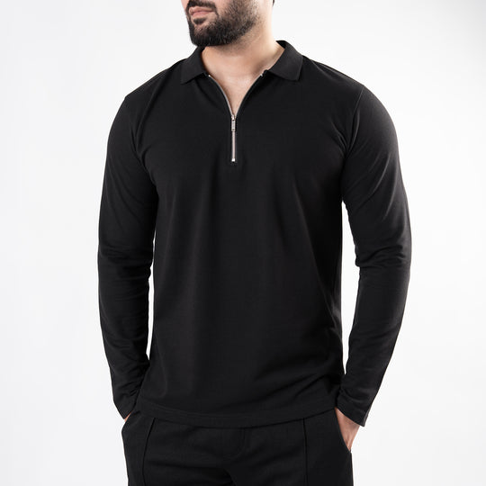 Black Full Sleeves Polo with Metal Zipper