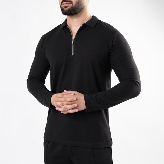 Black Full Sleeves Polo with Metal Zipper