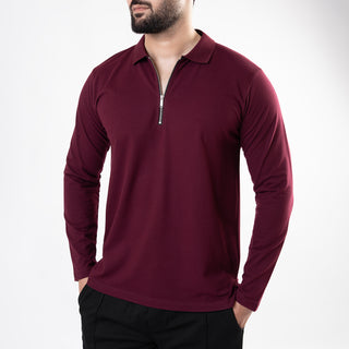Maroon Full Sleeves Polo with Metal Zipper
